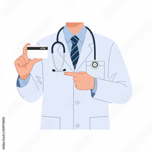 Doctor holding and pointing at a blank medical insurance card.