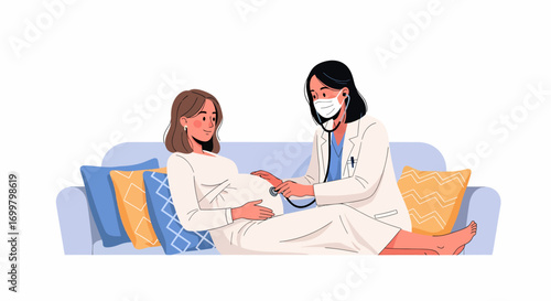 A doctor wearing a mask and stethoscope examines a pregnant woman's belly while she lies on a couch with pillows.