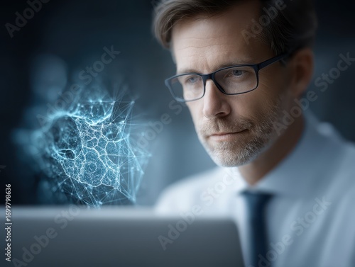 AI-generated pathology report displays remote diagnosis as medical professional analyzes 3D tissue model in a digital lab setting