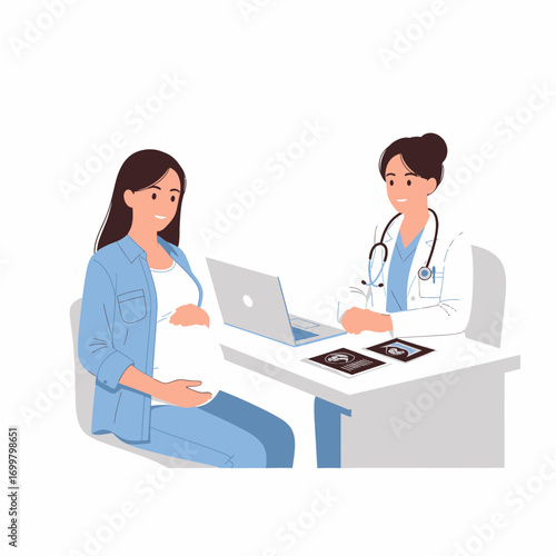 Pregnant woman having a consultation with a female doctor in a clinic, discussing prenatal care and looking at ultrasound images.