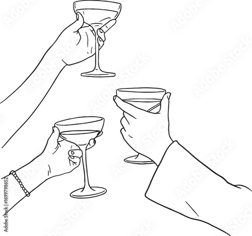 Three hands raising champagne coupe glasses in a festive toast. This line art illustration is perfect for conveying a sense of celebration, fun, and friendship. Ideal for designs related to parties.