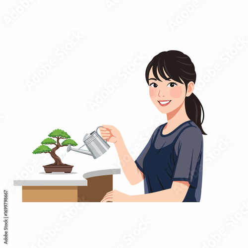Smiling woman tending to a bonsai tree.