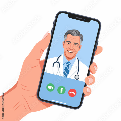 Hand holding a smartphone with a video call to a doctor.