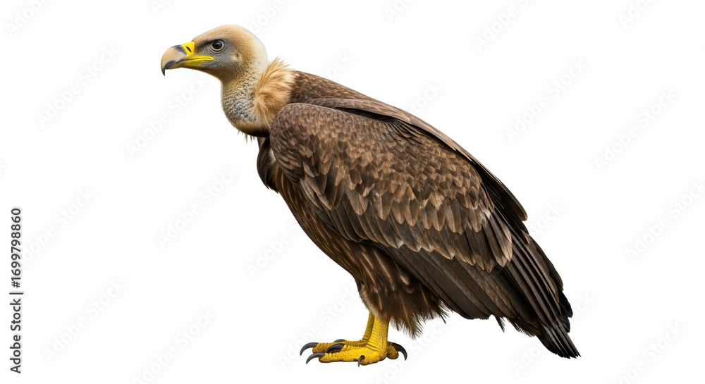 Obraz premium Isolated Griffon vulture standing upright full profile in studio shot, looking right side