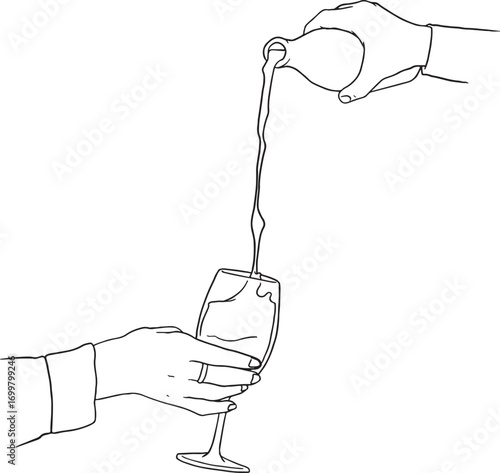 Two hands with one pouring wine from a bottle into a glass held by the other. This line art illustration captures a moment of serving or sharing a drink. The clean, minimalist style.