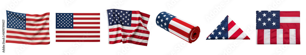 Fototapeta premium United States flag set including waving, flat, draped, rolled, and folded forms isolated. Patriotism and national pride collection.