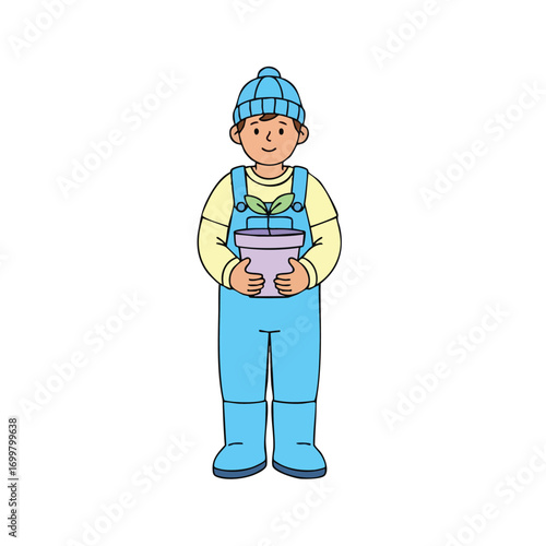 Young Person Holding a Potted Plant Smiling Happily.