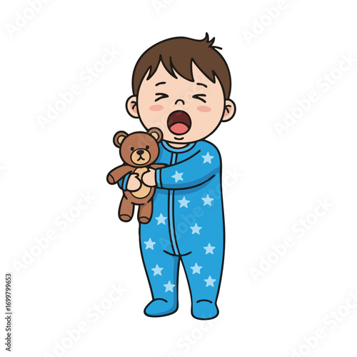 Adorable baby in blue pajamas yawning while holding a teddy bear.