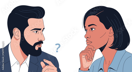 Two diverse colleagues, a man and a woman, engage in a thoughtful discussion or debate, symbolizing communication, collaboration, and problem-solving in a professional setting