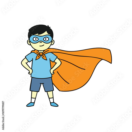 Cartoon Boy Superhero with Blue Mask and Orange Cape.