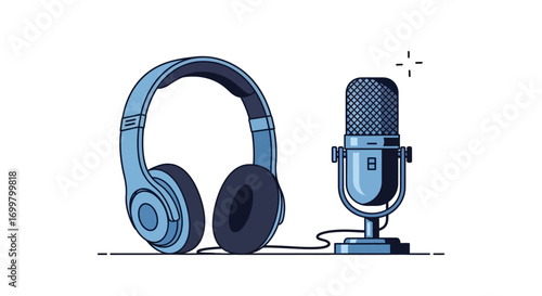 Modern blue microphone and headphones on a clean white background, perfect for audio recording, broadcasting, music production, podcasting, and digital content creation visuals