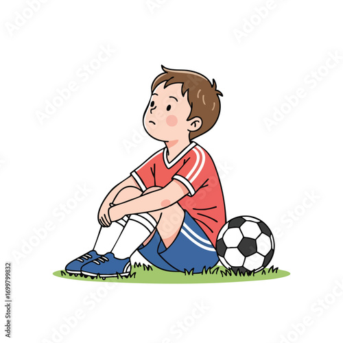 Young Boy in Soccer Uniform Sitting Beside Soccer Ball.