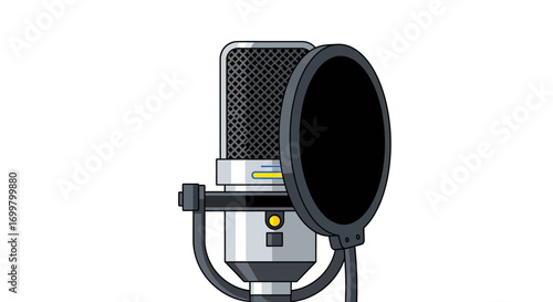 A professional studio microphone with a pop filter, perfect for recording vocals, podcasts, and music production in a clean, isolated white background