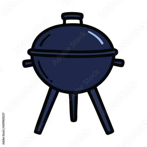 A simple cartoon illustration of a dark blue round kettle barbecue grill with a lid and three legs.
