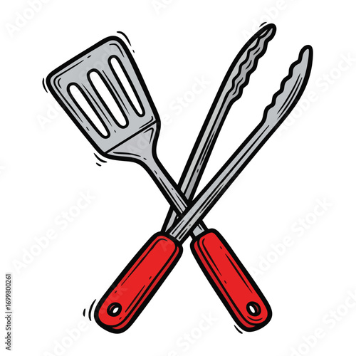 Crossed Grill Spatula and Tongs with Red Handles.