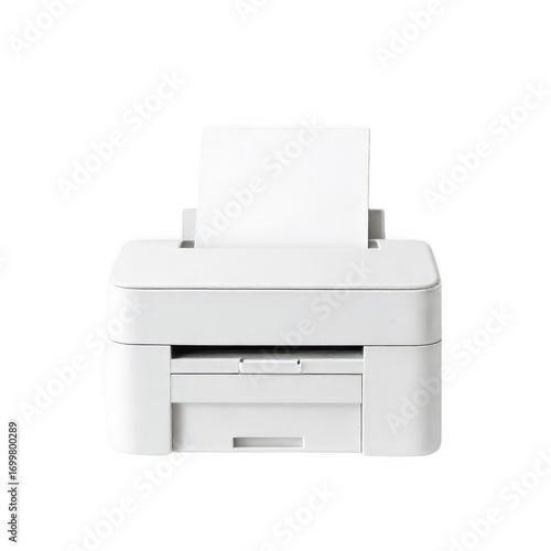 Front view of a white printer with paper isolated on transparent background, showcasing its sleek design and functionality for home or office use