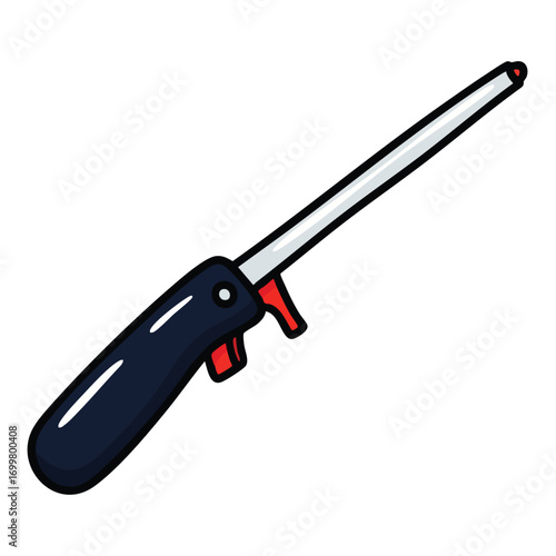A simple cartoon illustration of a long-nosed utility lighter with a dark handle and red trigger.