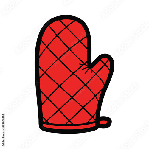 Red Quilted Oven Mitt with Black Diamond Pattern.