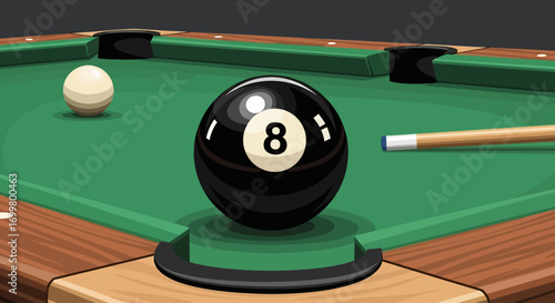 8 Ball Pool Game Billiards Cue Stick on Green Table