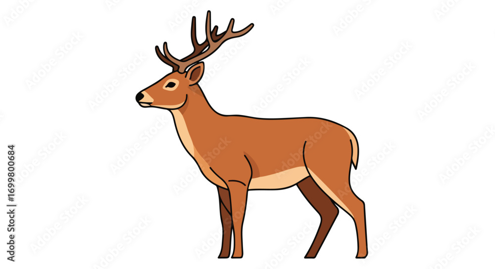 Obraz premium Elegant Cartoon Deer Illustration Standing Gracefully on a Plain Background Depicted with Smooth Outline and Warm Colors for Children Books