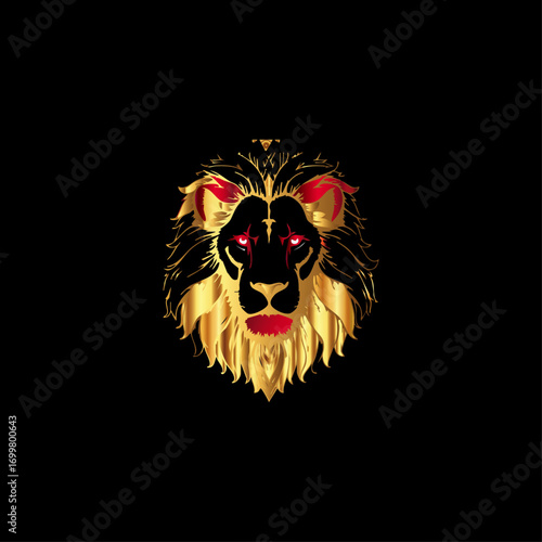 Regal Lion Head Illustration – Bold Symmetrical Design in Black, Gold & Red