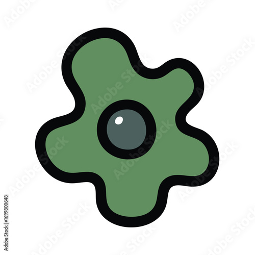 A simple stylized green amoeba with a dark outline and a central dark circle.
