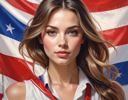 Wallpaper Mural Portrait of a confident woman against vibrant patriotic flag backdrop Torontodigital.ca