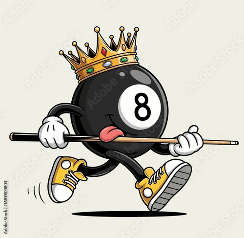 King of Pool 8 Ball Cartoon Mascot Running with Cue Stick