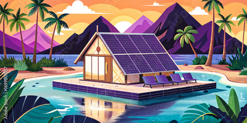 Floating eco cabin with solar panels on tropical lagoon, sustainable modern retreat in paradise