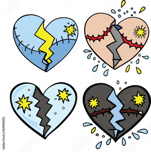 Colorful broken hearts collection expresses feelings of pain and love loss concept