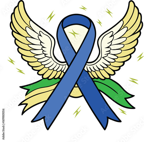 Show your support with this blue ribbon and angelic wings of hope and awareness