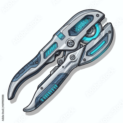Futuristic sci-fi mechanical pliers with glowing blue neon elements, isolated vector graphic illustration