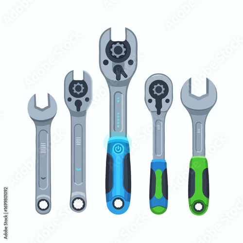 Set of modern mechanic wrenches and spanners, including a smart digital ratchet tool for repair work. Vector illustration