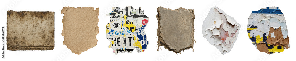 Fototapeta premium Distressed texture set including old paper, ripped kraft, peeling paint, and grunge poster fragments isolated. Graphic design elements and backgrounds.