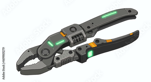 Sleek, futuristic pliers featuring glowing green details, a versatile and advanced mechanical tool for modern engineering tasks and innovation