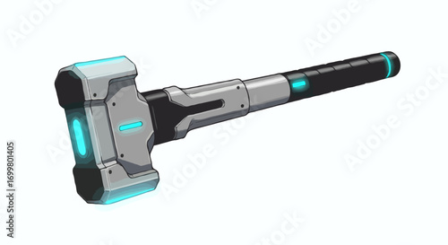 Sleek futuristic hammer, an advanced and powerful tool or weapon concept with glowing blue technological highlights, for modern design