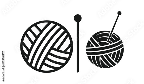 Simple black and white illustration of yarn balls and knitting needles
