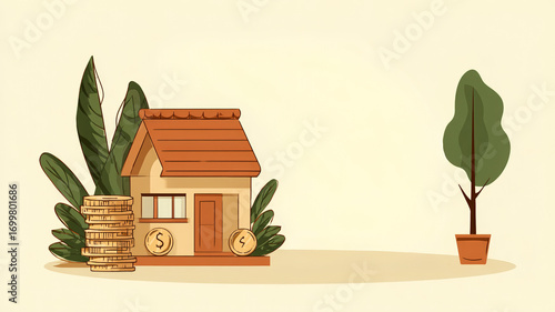 Minimalist illustration of cozy small house with potted plants representing eco-friendly sustainable home concept