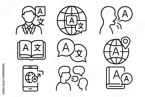 Diverse representation of language learning and communication skills through various icons in a digital design