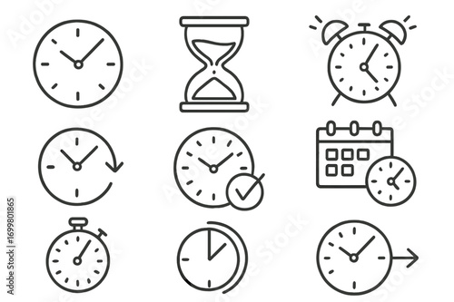Various clock designs showcasing timekeeping methods and timers in a minimalist style emphasizing functionality