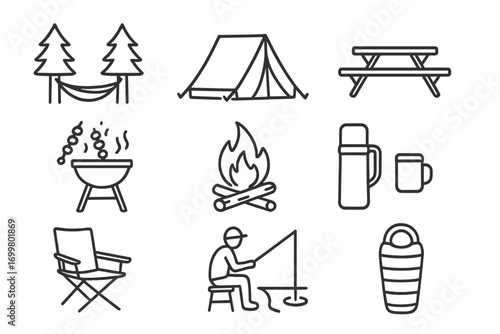 Outdoor camping activities at a scenic location with tents, fishing gear, and a barbecue setup for a weekend getaway