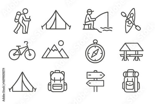 Outdoor adventure activities including hiking, fishing, and kayaking in a scenic landscape with mountains and sun