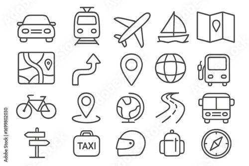Travel and transportation icons for various modes and navigation tools in a minimalistic style