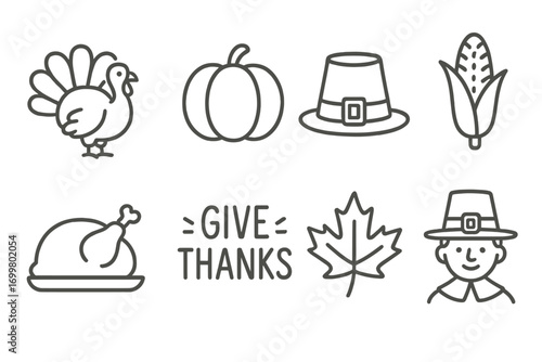 Thanksgiving symbols including turkey, pumpkin, corn, and pilgrim hats in a festive design celebrating gratitude