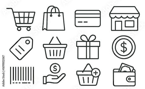 Shopping icons collection featuring carts, bags, cards, tags, gifts, and currency on a minimalist background for retail and commerce applications