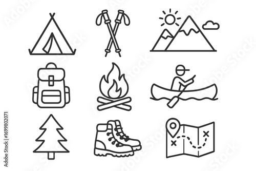 Outdoor adventure illustration featuring camping, hiking, and canoeing activities surrounded by nature