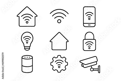 Connectivity icons representing smart home devices and features including security, lighting, and control options
