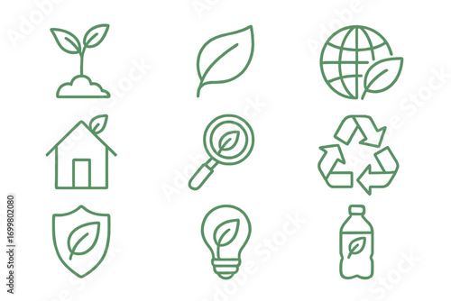 Icons representing sustainability, nature, and eco-friendly practices in a modern design for environmental awareness