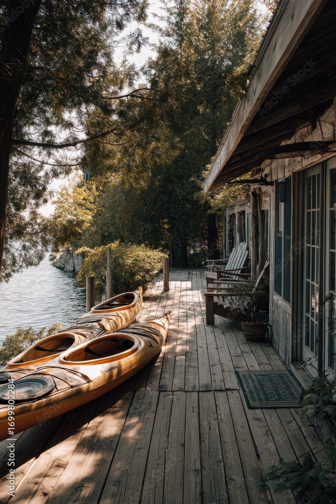 Fototapeta premium A lakefront vacation rental with wooden decks. Guests fish and kayak nearby. The mood feels natural and restful, Generative AI