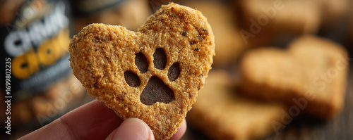 Hand holding heart shaped pet treat with paw print, evoking love for pets and their well being